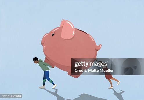 Young couple carrying large piggy bank Young couple carrying large piggy bank