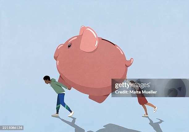 bildbanksillustrationer, clip art samt tecknat material och ikoner med young couple carrying large piggy bank - ung vuxen