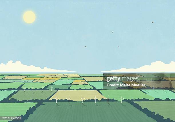 stockillustraties, clipart, cartoons en iconen met scenic view of sun in sky over lush, idyllic green farm crops with wind turbines - levend organisme