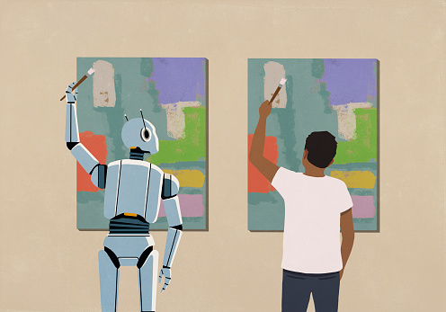 Humanoid robot painting same artwork as man fan promotion music strategy