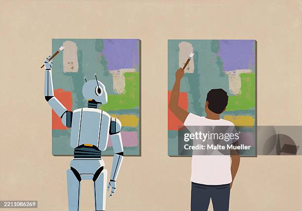humanoid robot painting same artwork as man - mimic art stock illustrations