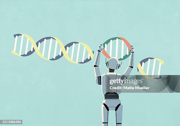 illustrations, cliparts, dessins animés et icônes de humanoid robot altering dna double helix - manipulation génétique