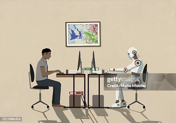 illustrations, cliparts, dessins animés et icônes de man and humanoid robot working face to face at computers - intelligence artificielle