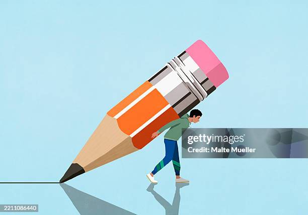man carrying large pencil nub on back - man back side stock illustrations