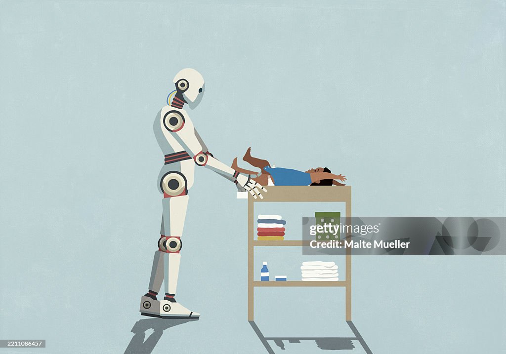 Humanoid robot changing baby's diaper on changing table