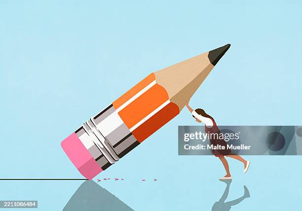 girl erasing line with large pencil nub eraser against blue background - absence stock illustrations