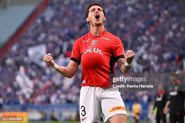 Danilo Boza of Urawa Reds celebrates scoring his side's third goal during the J.LEAGUE MEIJI YASUDA J1 11th Sec. Match between Urawa Red Diamonds and...