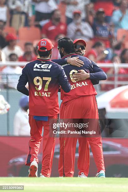 Krunal Pandya of Royal Challengers Bengaluru celebrates the wicket of Priyansh Arya of Punjab Kings during the 2025 IPL match between Punjab Kings...
