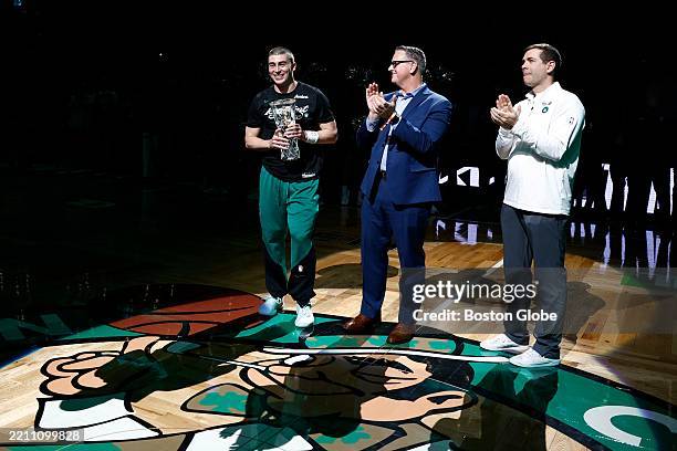 Boston, MA Boston Celtics guard Payton Pritchard is awarded the Sixth Man of the Year award before Game 2 of the NBA Eastern Conference playoffs...