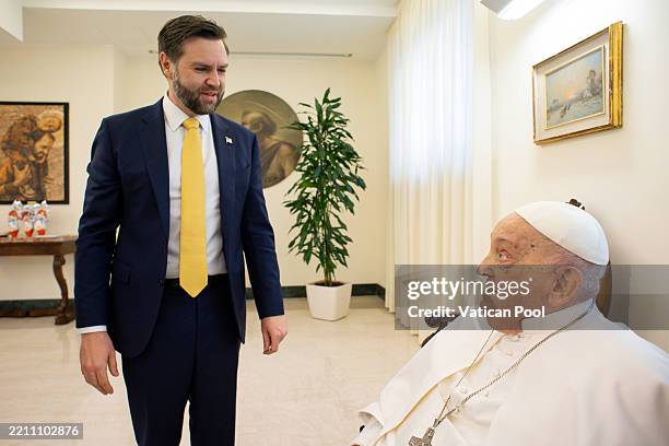 Pope Francis meets with U.S. Vice President JD Vance and delegation during an audience at Casa Santa Marta on April 20, 2025 in Vatican City, Vatican.