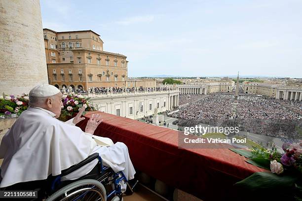 Pope Francis delivers his Urbi Et Orbi Blessing blessing from the balcony overlooking St. Peter's Square on April 20, 2025 in Vatican City, Vatican.