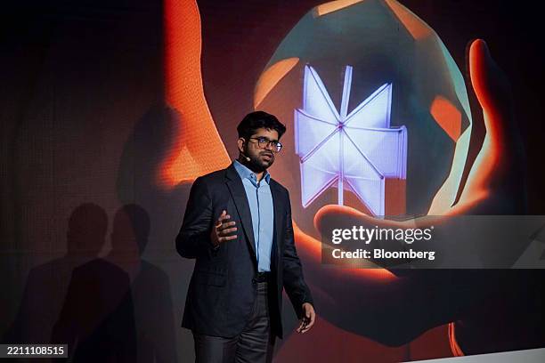 Aravind Srinivas, chief executive officer of Perplexity AI Inc., speaks during a Motorola media preview event in New York, US, on Wednesday, April...