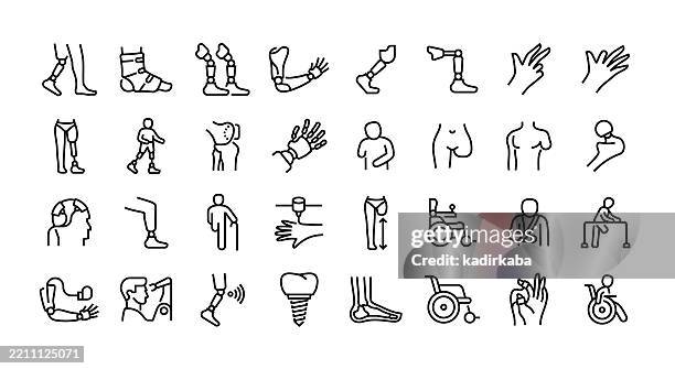 prosthetics line icon set. group of object. orthotics, artificial limb, bionic arm, limb loss, limb replacement, amputation, mobility aid. - orthotics stock illustrations