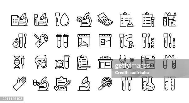 bildbanksillustrationer, clip art samt tecknat material och ikoner med laboratory services line icon set. group of object. microscope, test tube, examination, lab equipment. - vetenskapligt experiment