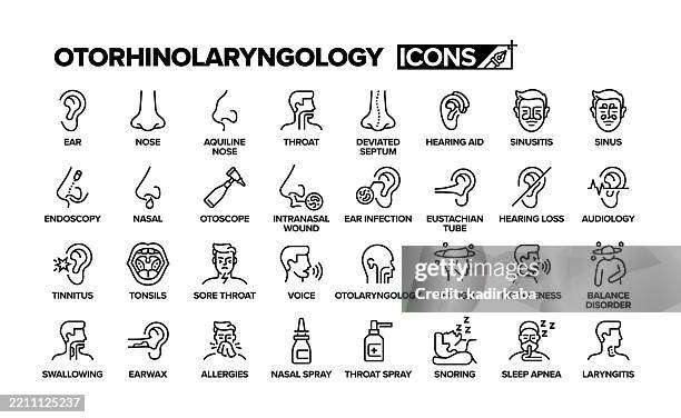 icon-set für die hals-nasen-ohren-linie. gruppe von objekten. medizinisch, krankenhaus, arzt, patient, ohr, nase, rachen, sinusitis, otoskop. - nasennebenhöhle stock-grafiken, -clipart, -cartoons und -symbole