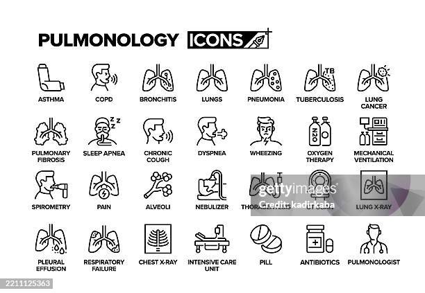 pulmonology line icon set. group of object. asthma, alveoli, inhaler, bronchitis, cold and flu, lung cancer. - oxygen mask stock illustrations