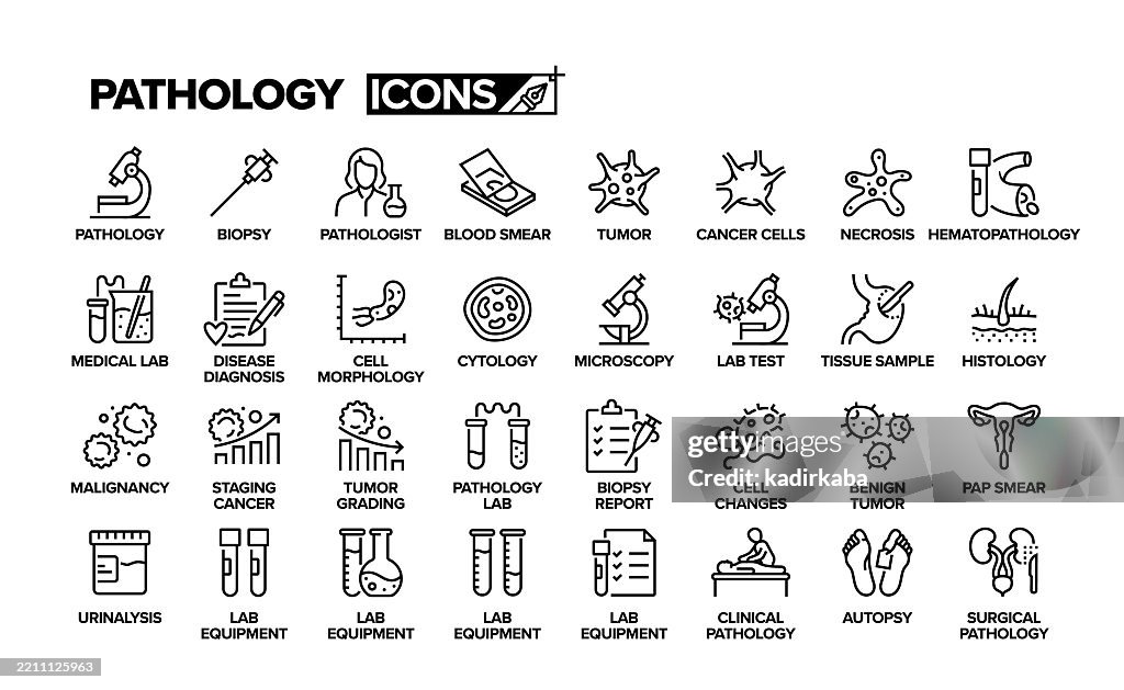 Conjunto de iconos de línea de patología. Grupo de objetos. Microscopio, equipo de laboratorio, química, laboratorio.