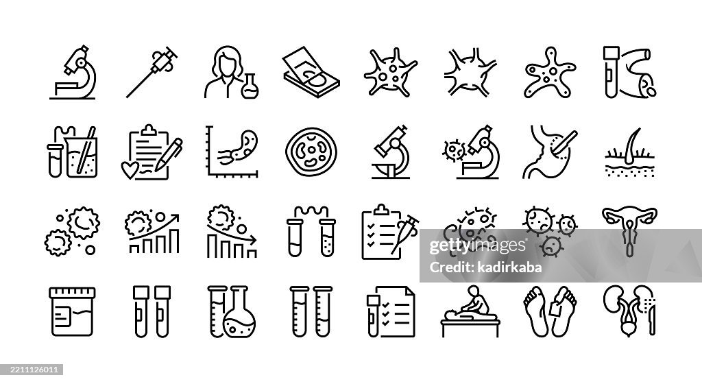 Pathology line icon set. Group of object. Microscope, lab equipment, chemistry, laboratory.