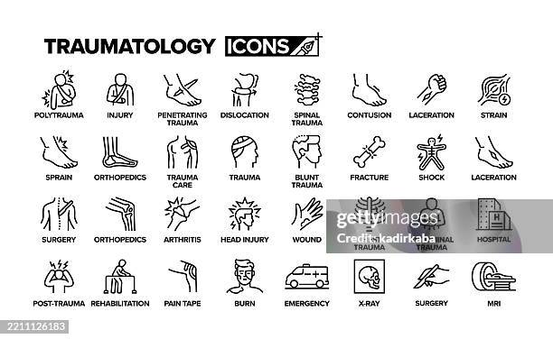 traumatology line icon set. group of object. injury, laceration, sprain, trauma, strain, orthopedic, arthritis, fracture, surgery, head injury, wound. - bruise stock illustrations