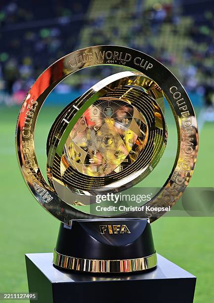 Detailed view of the FIFA Club World Cup 2025 trophy placed pitch side prior to the Bundesliga match between Borussia Dortmund and Borussia...