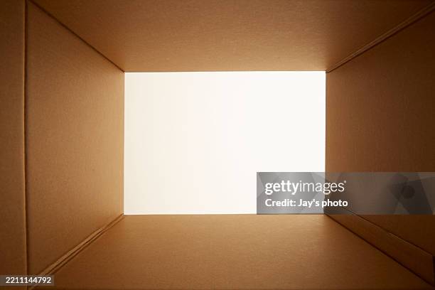 high quality opened rectangular blank empty cardboard brown box isolated on white background. - open shipping container stock pictures, royalty-free photos & images