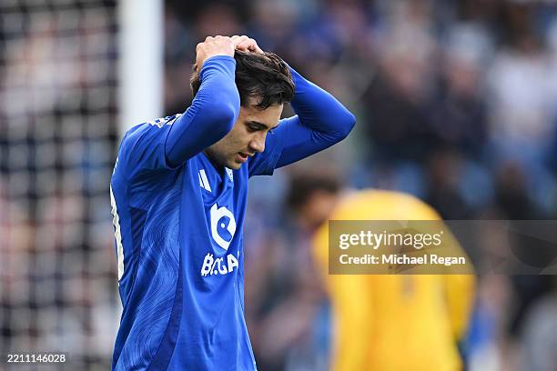 Facundo Buonanotte of Leicester City reacts during the Premier League match between Leicester City FC and Liverpool FC at The King Power Stadium on...