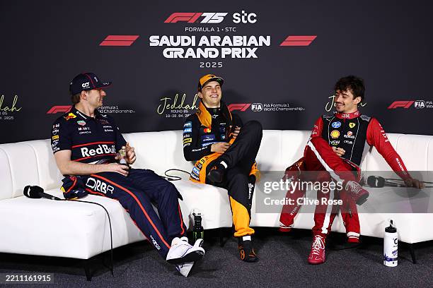 Race winner Oscar Piastri of Australia and McLaren Second placed Max Verstappen of the Netherlands and Oracle Red Bull Racing and Third placed...