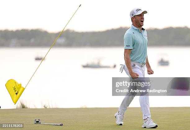 Justin Thomas of the United States celebrates on the 18th green during the first playoff hole after winning the final round of the RBC Heritage 2025...