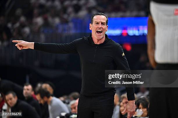 Head coach Kenny Atkinson of the Cleveland Cavaliers reacts during the second quarter against the Miami Heat during game one of the first round of...