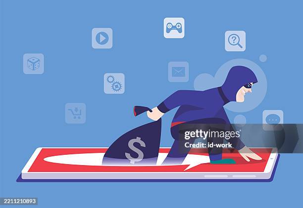 ilustraciones, imágenes clip art, dibujos animados e iconos de stock de hacker sosteniendo una bolsa de dinero y dejando una burbuja de diálogo en el teléfono inteligente - spyware