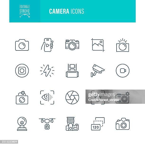ilustraciones, imágenes clip art, dibujos animados e iconos de stock de iconos de cámara trazo editable - cámara