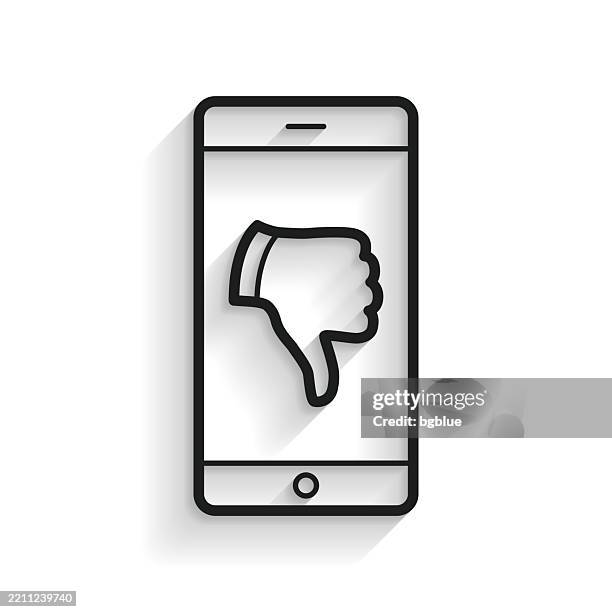 smartphone with thumbs down. line icon with long shadow on white background - error screen stock illustrations