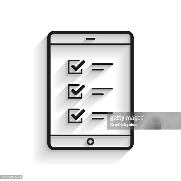 tablet pc with checklist. line icon with long shadow on white background - using ipad white background stock illustrations