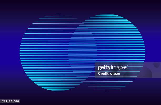 zwei sich überlappende kreise mit horizontalen linien in cyantönen auf dunklem hintergrund sorgen für eine moderne designästhetik. - miteinander verbunden stock-grafiken, -clipart, -cartoons und -symbole