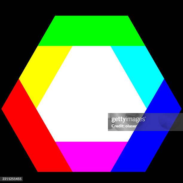 overlapping hexagonal shapes featuring bold colors like green, yellow, cyan, red, magenta, and blue, set against a stark black background. - integrated solutions stock illustrations