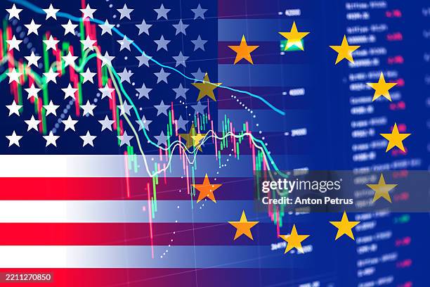 us and eu flags on economic data background - europese unie vlag stockfoto's en -beelden