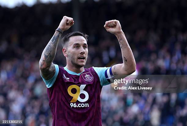 Josh Brownhill of Burnley celebrates scoring his team's first goal during the Sky Bet Championship match between Burnley FC and Sheffield United FC...
