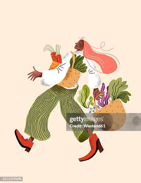 stockillustraties, clipart, cartoons en iconen met illustration of a woman carrying bags of diverse vegetables embodying healthy eating and vegetarianism - duurzaam consumeren