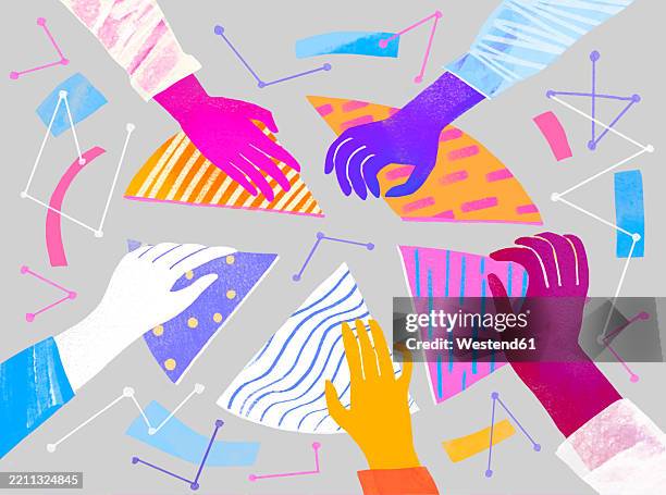 ilustraciones, imágenes clip art, dibujos animados e iconos de stock de abstract illustration of diverse hands assembling colorful pieces symbolizing teamwork - manos unidas