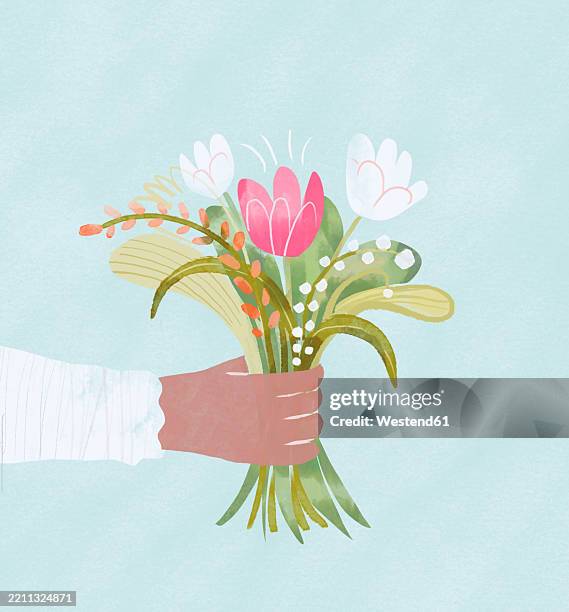 illustration of a hand holding a spring bouquet in pastel colors - plain studio background stock illustrations