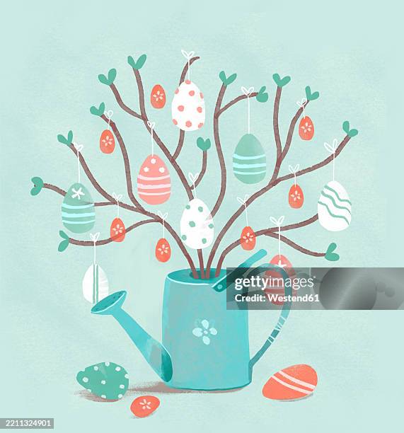 easter spring background with colorful painted decorative eggs hanging on branches in a watering can - painted easter eggs stock illustrations