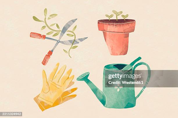 illustration of garden tools for transplanting and caring for plants at home and in the garden - gartenhandschuh stock-grafiken, -clipart, -cartoons und -symbole
