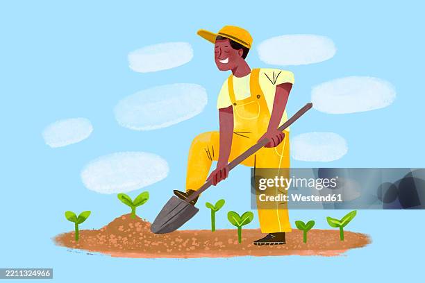 illustration of a man planting in spring with a shovel - spade stock illustrations