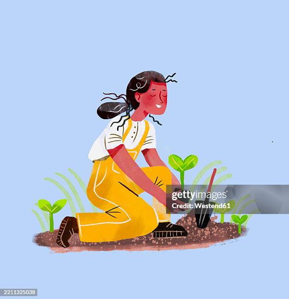 Spring Planting Graphics Illustration Of A Woman Planting A Green Sprout In Soil During Spring ...