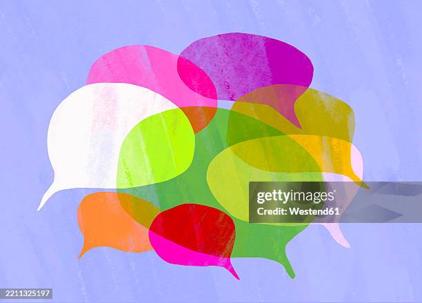 multicolored speech bubbles on a bright background representing communication - arguing stock illustrations