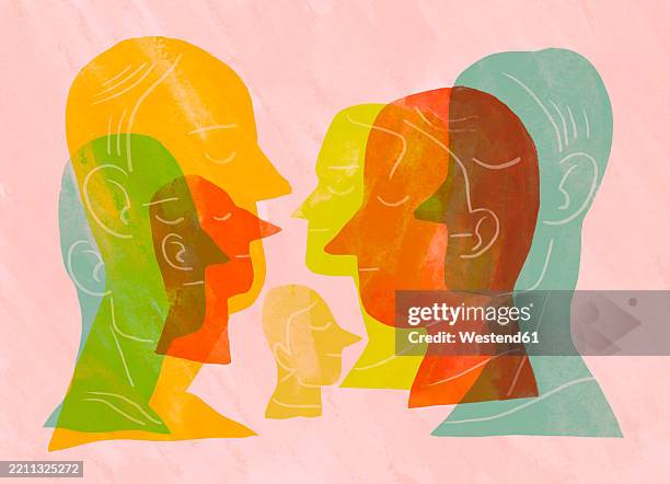 minimalistic abstract illustration with colorful portraits of heads in profile representing human diversity and connections - attitude face stock illustrations