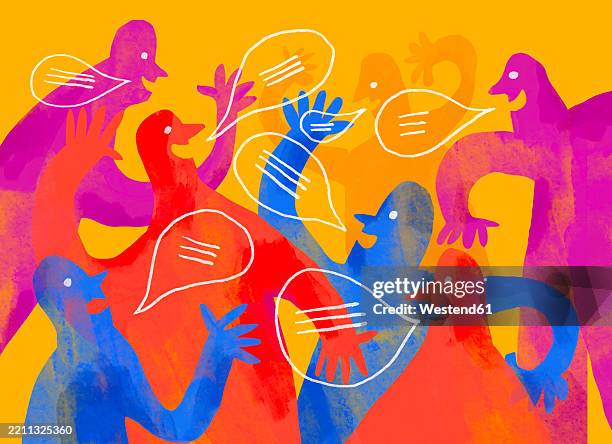 ilustraciones, imágenes clip art, dibujos animados e iconos de stock de colorful abstract illustration of people communicating and connecting through speech and dialogue - cotilleo
