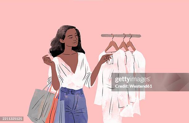 stockillustraties, clipart, cartoons en iconen met stylish brunette woman shopping in a clothing boutique illustration - blouse