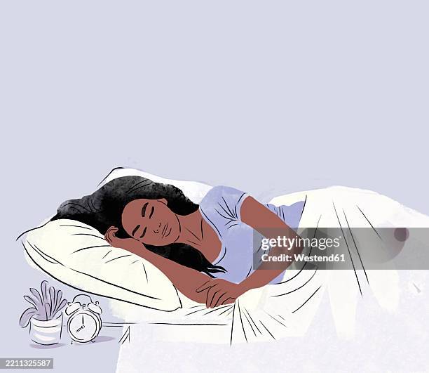 illustration of a brunette woman sleeping peacefully on a pillow with an alarm clock nearby - sleep illustration stock illustrations