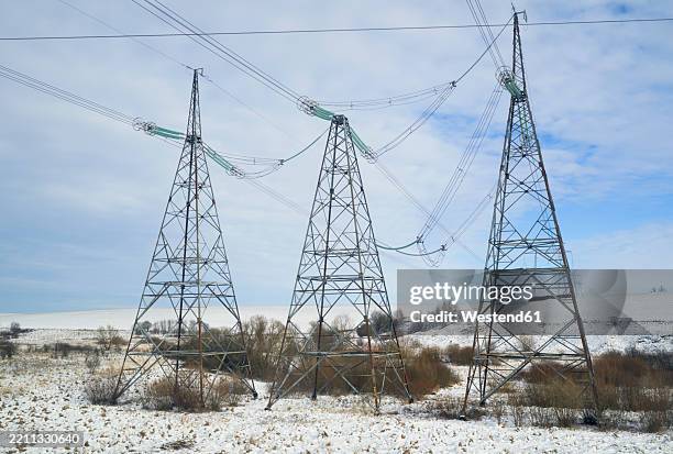 powerlines in a snowy rural landscape in ukraine - hoogspanningsmast stockfoto's en -beelden